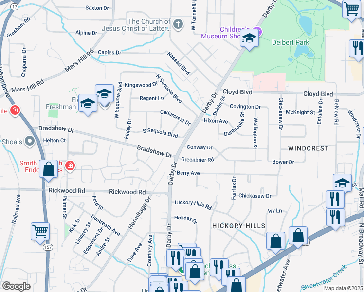 map of restaurants, bars, coffee shops, grocery stores, and more near Darby Drive in Florence