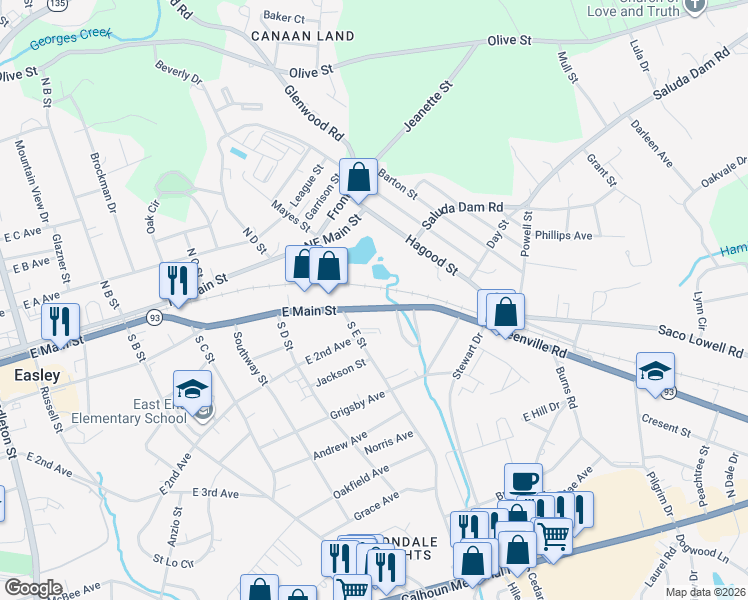 map of restaurants, bars, coffee shops, grocery stores, and more near 903 East Main Street in Easley