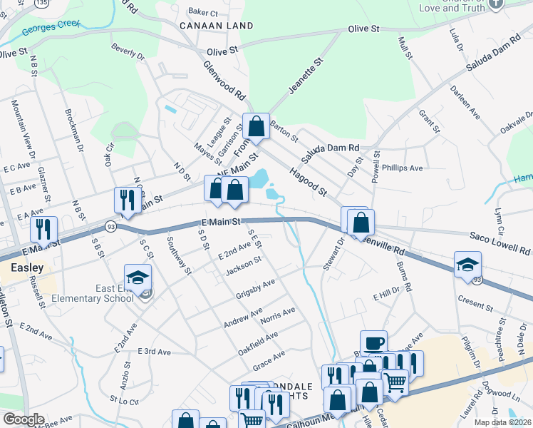 map of restaurants, bars, coffee shops, grocery stores, and more near 903 East Main Street in Easley