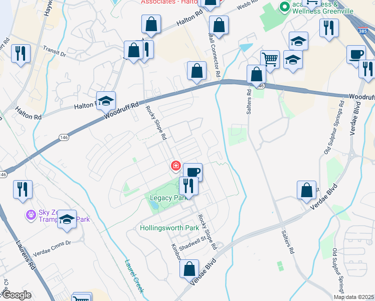 map of restaurants, bars, coffee shops, grocery stores, and more near 132 Danvers Road in Greenville