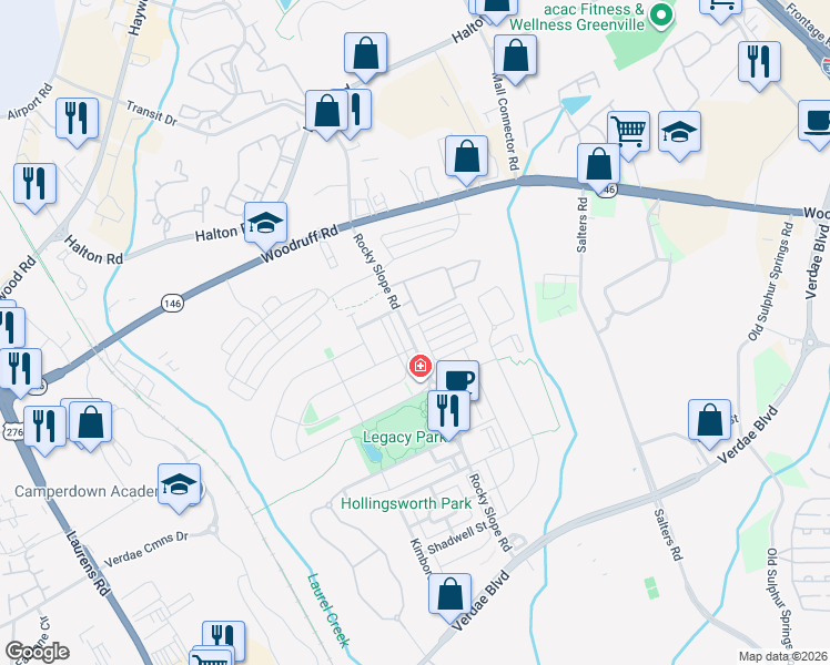map of restaurants, bars, coffee shops, grocery stores, and more near 106 Danvers Road in Greenville