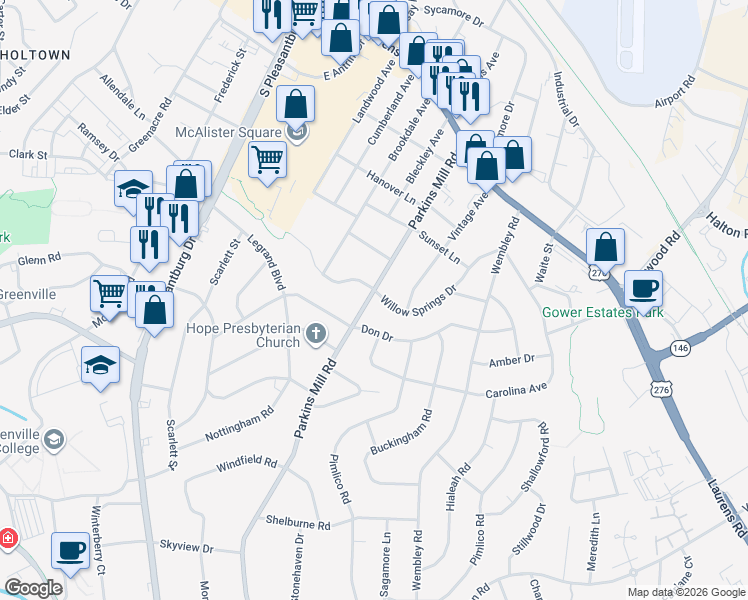 map of restaurants, bars, coffee shops, grocery stores, and more near 411 Willow Springs Drive in Greenville