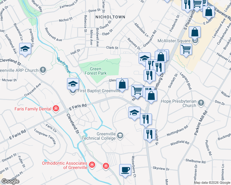map of restaurants, bars, coffee shops, grocery stores, and more near 505 Glenn Road in Greenville