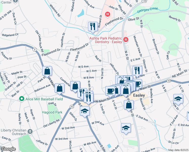 map of restaurants, bars, coffee shops, grocery stores, and more near 305 West C Avenue in Easley