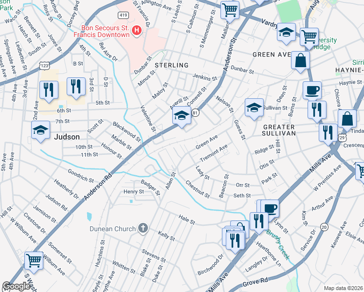 map of restaurants, bars, coffee shops, grocery stores, and more near 901 Anderson Road in Greenville