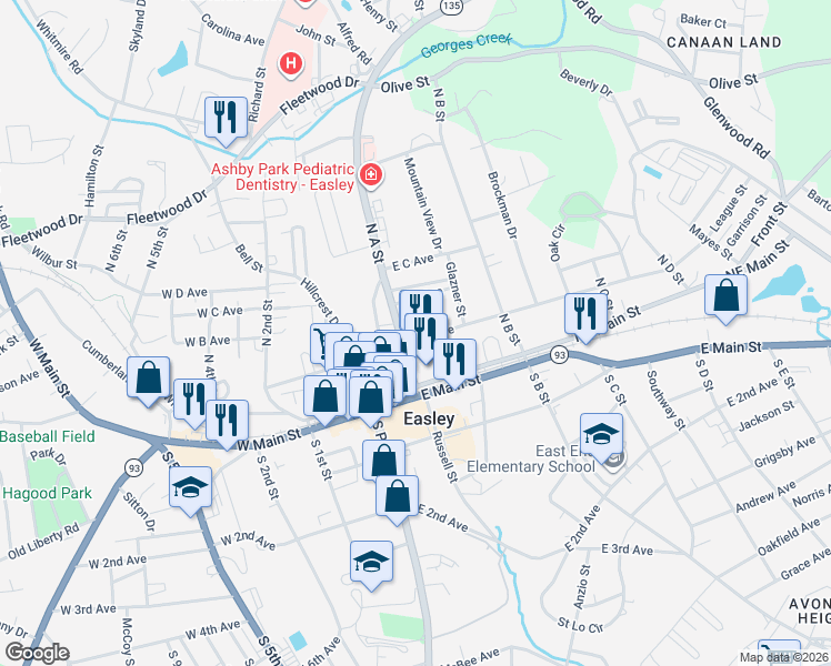 map of restaurants, bars, coffee shops, grocery stores, and more near 302 North A Street in Easley