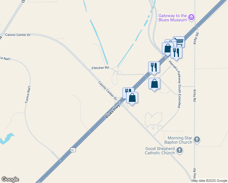 map of restaurants, bars, coffee shops, grocery stores, and more near 4327 Casino Center Drive in Robinsonville