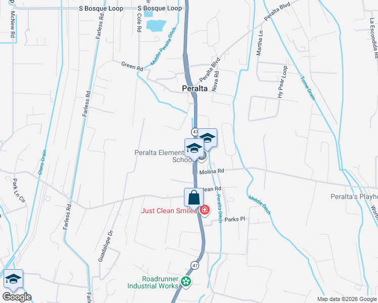 map of restaurants, bars, coffee shops, grocery stores, and more near 3646 New Mexico 47 in Peralta