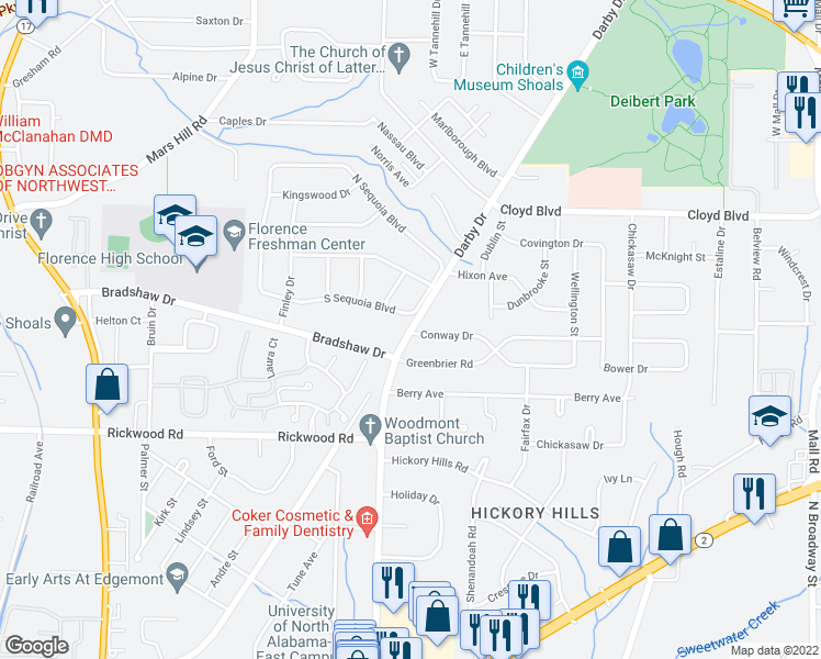map of restaurants, bars, coffee shops, grocery stores, and more near 2203 Darby Drive in Florence