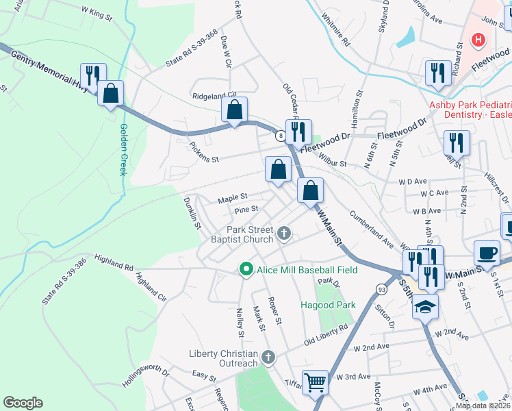 map of restaurants, bars, coffee shops, grocery stores, and more near 109 Maple Street in Easley