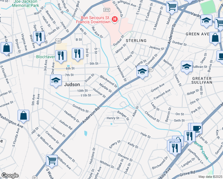 map of restaurants, bars, coffee shops, grocery stores, and more near 13 Blackwood Street in Greenville
