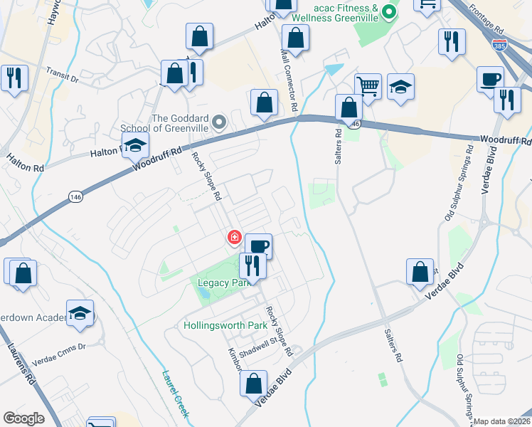 map of restaurants, bars, coffee shops, grocery stores, and more near 132 Danvers Road in Greenville