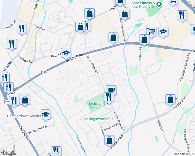 map of restaurants, bars, coffee shops, grocery stores, and more near 106 Danvers Road in Greenville