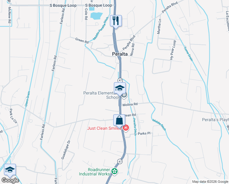 map of restaurants, bars, coffee shops, grocery stores, and more near 3646 New Mexico 47 in Peralta