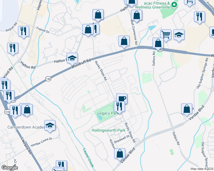map of restaurants, bars, coffee shops, grocery stores, and more near 106 Danvers Road in Greenville