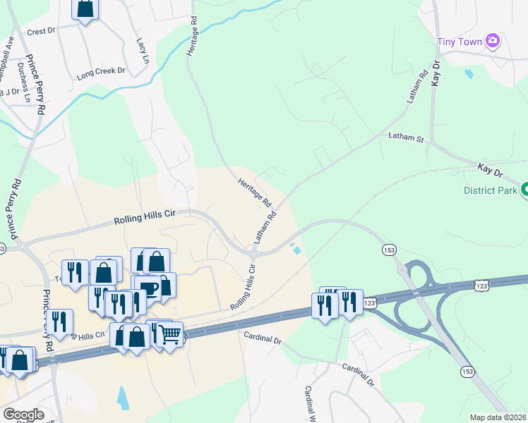 map of restaurants, bars, coffee shops, grocery stores, and more near 111 Heritage Road in Easley