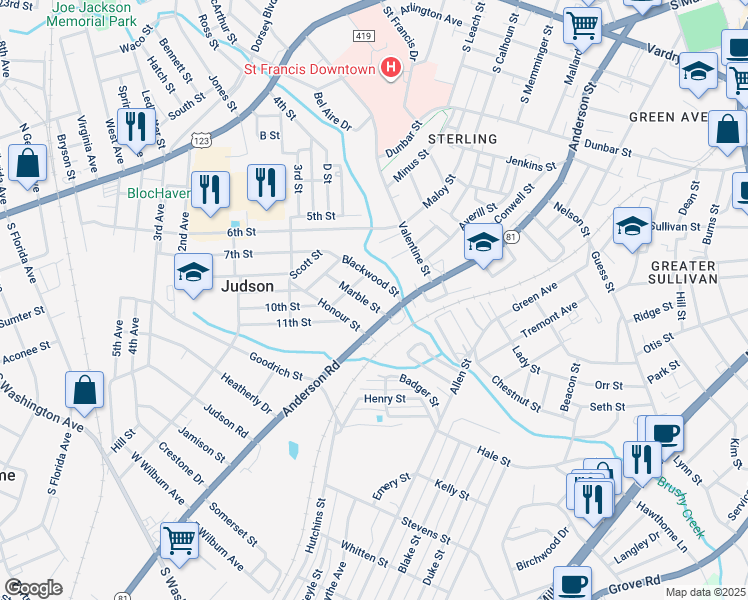 map of restaurants, bars, coffee shops, grocery stores, and more near 13 Blackwood Street in Greenville