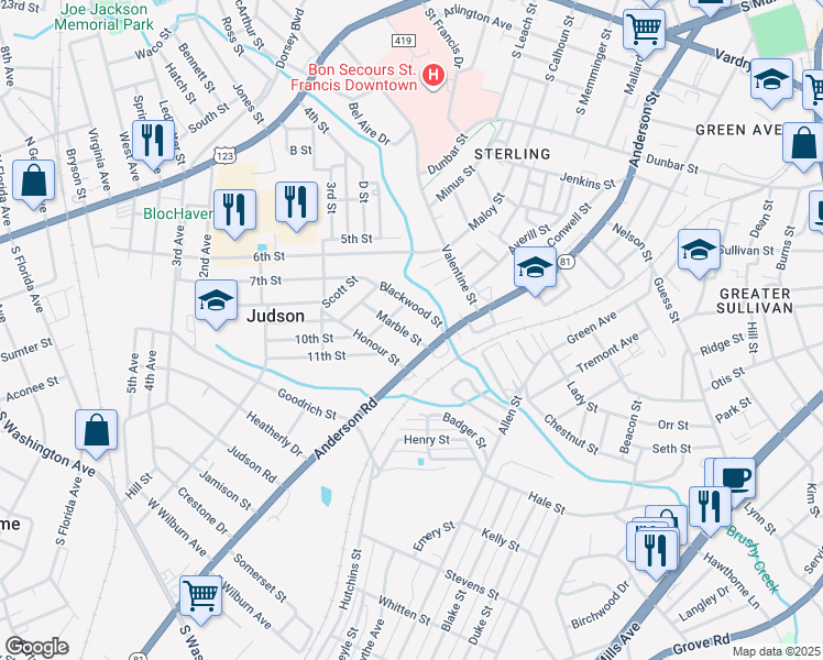 map of restaurants, bars, coffee shops, grocery stores, and more near 13 Blackwood Street in Greenville
