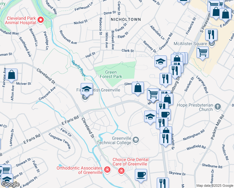 map of restaurants, bars, coffee shops, grocery stores, and more near 407 Glenn Road in Greenville