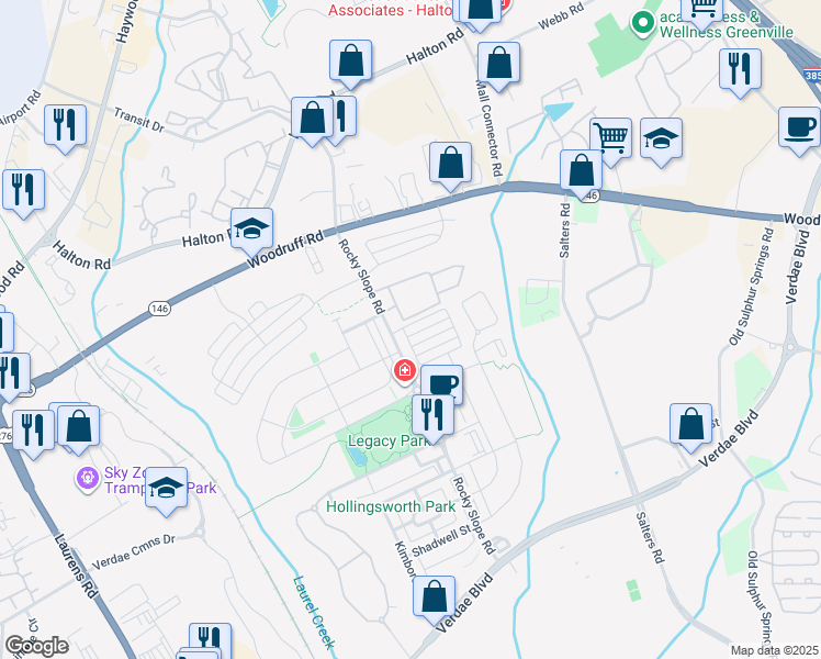 map of restaurants, bars, coffee shops, grocery stores, and more near 106 Danvers Road in Greenville