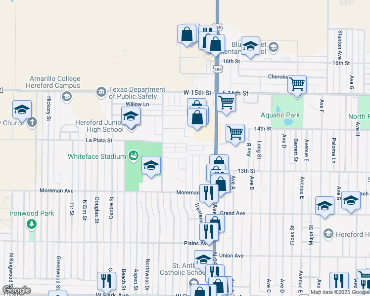 map of restaurants, bars, coffee shops, grocery stores, and more near 410 Ranger Street in Hereford