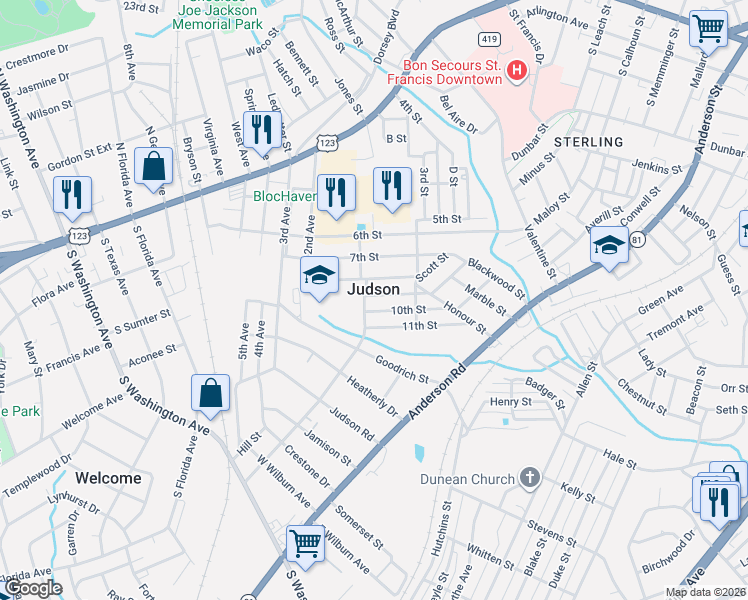 map of restaurants, bars, coffee shops, grocery stores, and more near in Judson