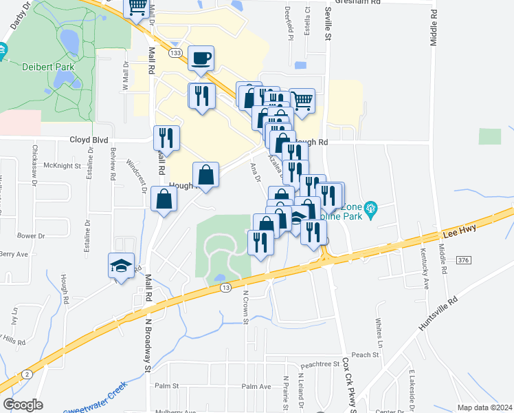 map of restaurants, bars, coffee shops, grocery stores, and more near 211 Ana Drive in Florence