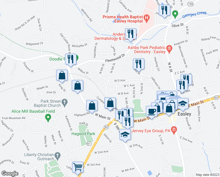 map of restaurants, bars, coffee shops, grocery stores, and more near 102 Anna Street in Easley