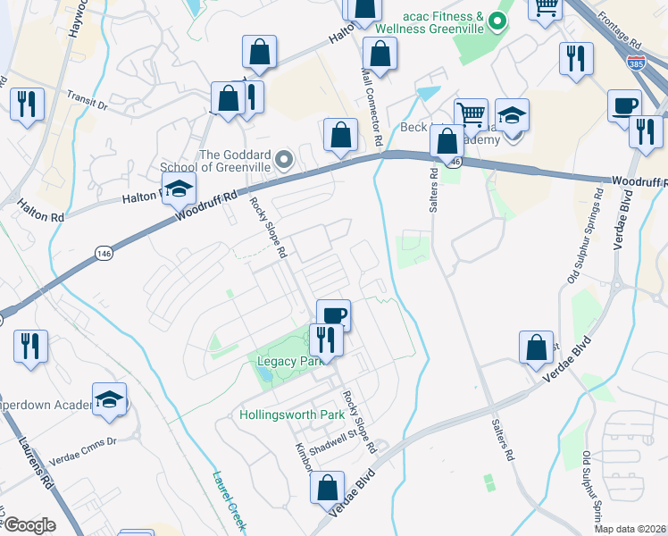 map of restaurants, bars, coffee shops, grocery stores, and more near 132 Danvers Road in Greenville