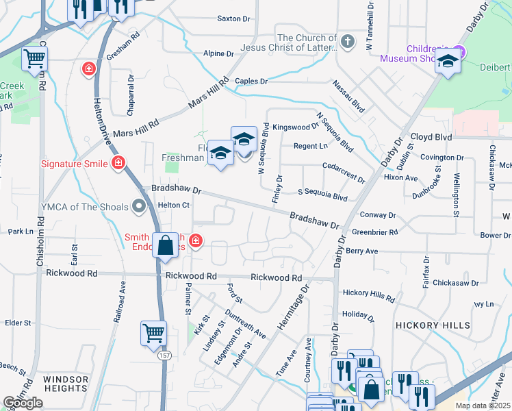 map of restaurants, bars, coffee shops, grocery stores, and more near 1201 Bradshaw Drive in Florence