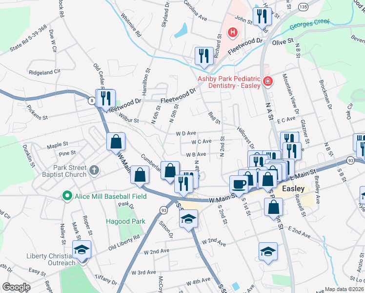 map of restaurants, bars, coffee shops, grocery stores, and more near 407 West C Avenue in Easley