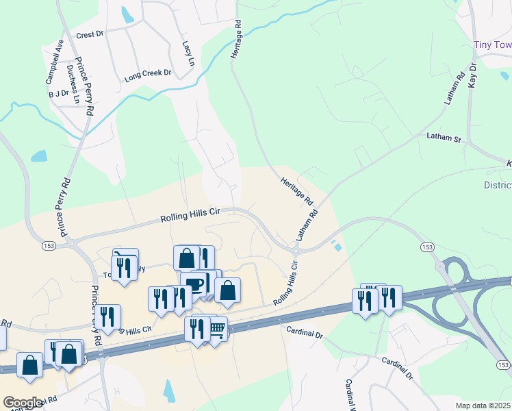map of restaurants, bars, coffee shops, grocery stores, and more near 442 Rolling Hills Circle in Easley