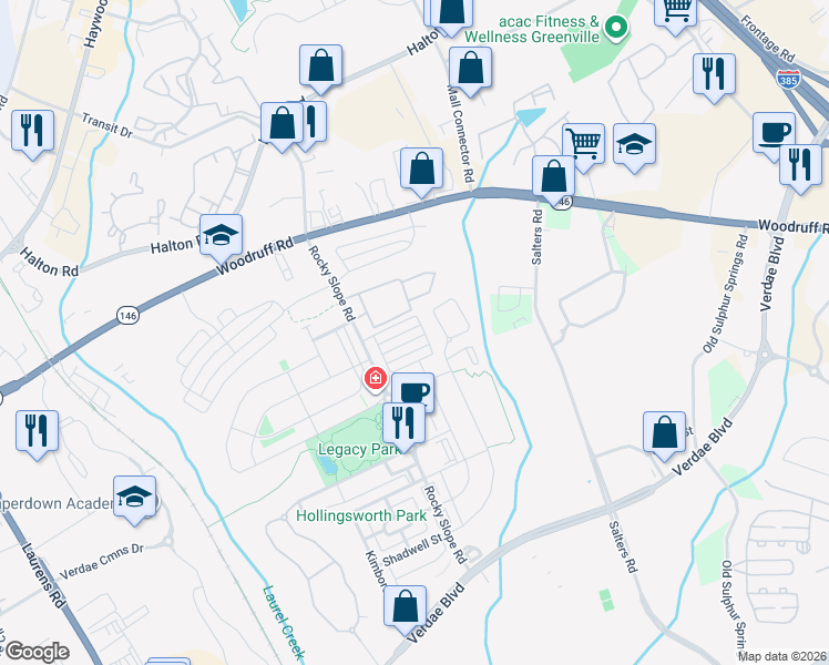 map of restaurants, bars, coffee shops, grocery stores, and more near 132 Danvers Road in Greenville