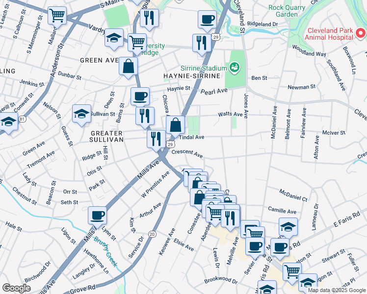 map of restaurants, bars, coffee shops, grocery stores, and more near 19 Crescent Avenue in Greenville