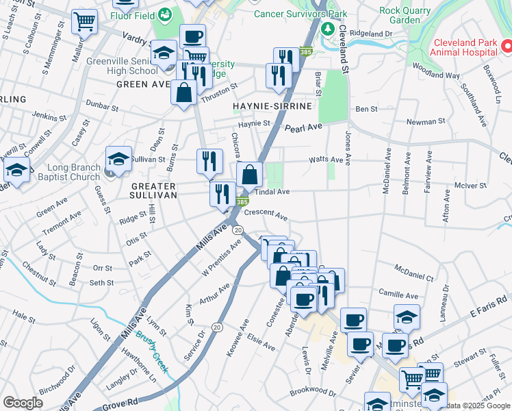 map of restaurants, bars, coffee shops, grocery stores, and more near 19 Crescent Avenue in Greenville