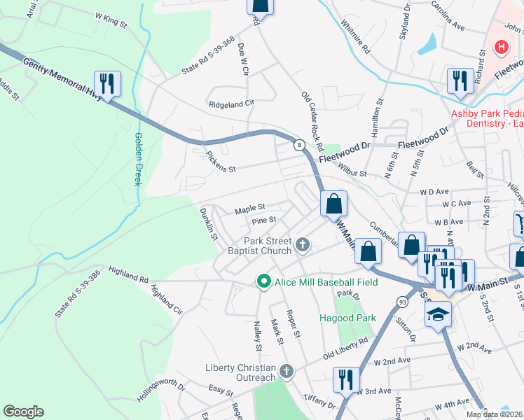 map of restaurants, bars, coffee shops, grocery stores, and more near 109 Maple Street in Easley