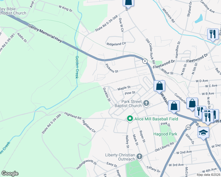 map of restaurants, bars, coffee shops, grocery stores, and more near 304 Lucky Street in Easley