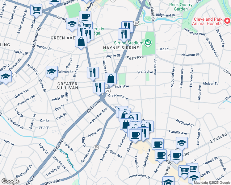 map of restaurants, bars, coffee shops, grocery stores, and more near 19 Crescent Avenue in Greenville