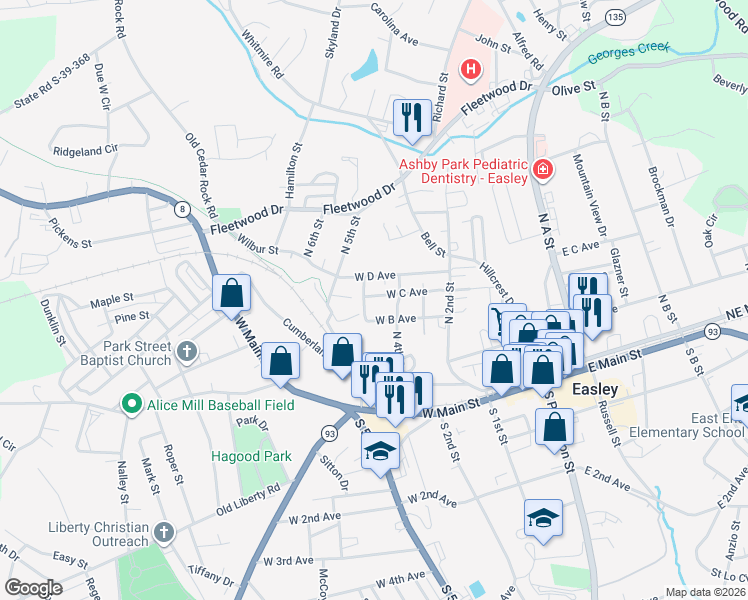 map of restaurants, bars, coffee shops, grocery stores, and more near 407 West C Avenue in Easley