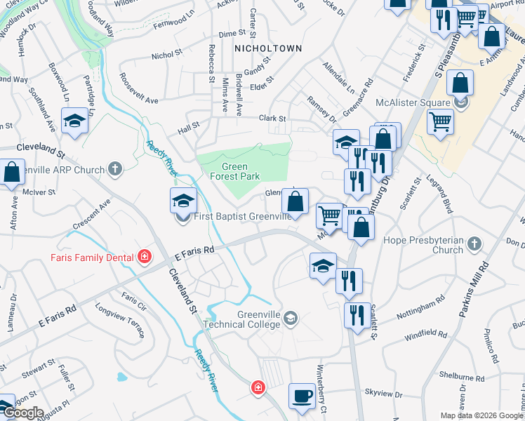 map of restaurants, bars, coffee shops, grocery stores, and more near 10 Styles Road in Greenville