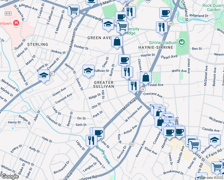 map of restaurants, bars, coffee shops, grocery stores, and more near 9 Elm Street in Greenville