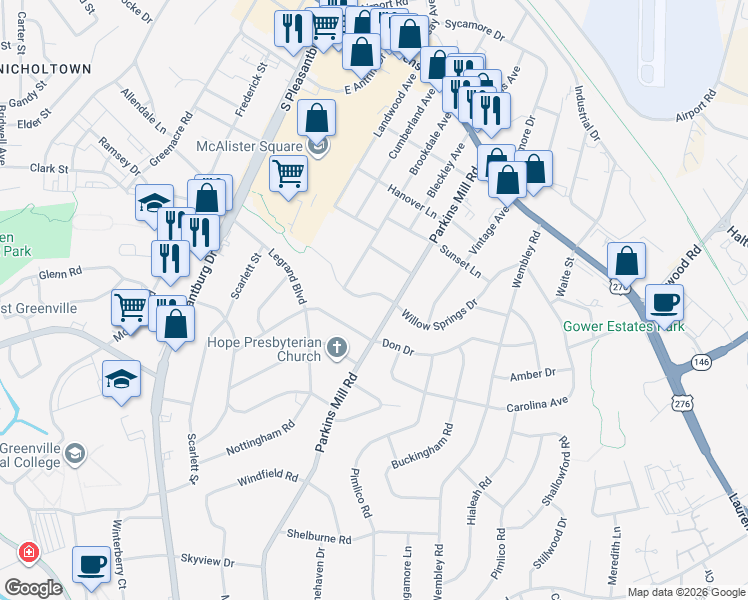 map of restaurants, bars, coffee shops, grocery stores, and more near 411 Willow Springs Drive in Greenville