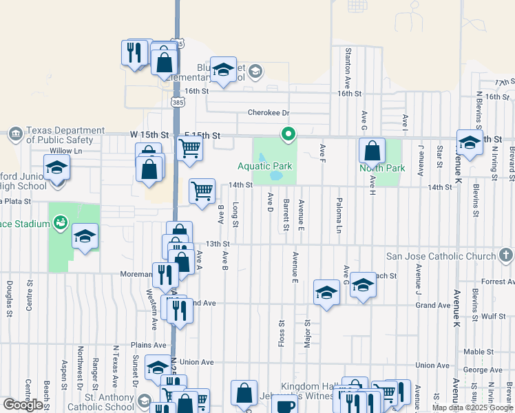 map of restaurants, bars, coffee shops, grocery stores, and more near 426 Avenue C in Hereford
