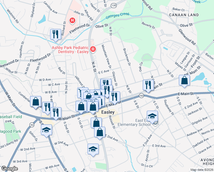 map of restaurants, bars, coffee shops, grocery stores, and more near 302 North A Street in Easley