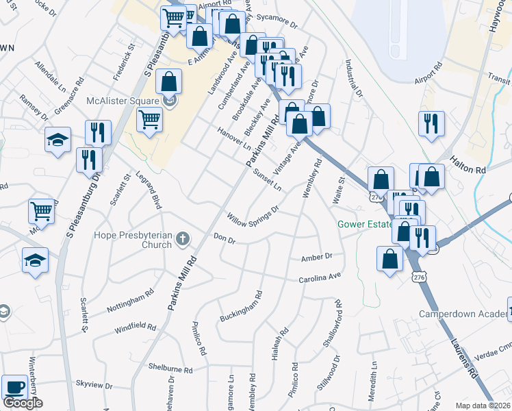 map of restaurants, bars, coffee shops, grocery stores, and more near 217 Vintage Avenue in Greenville