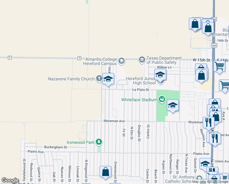 map of restaurants, bars, coffee shops, grocery stores, and more near 300-398 Hickory Street in Hereford