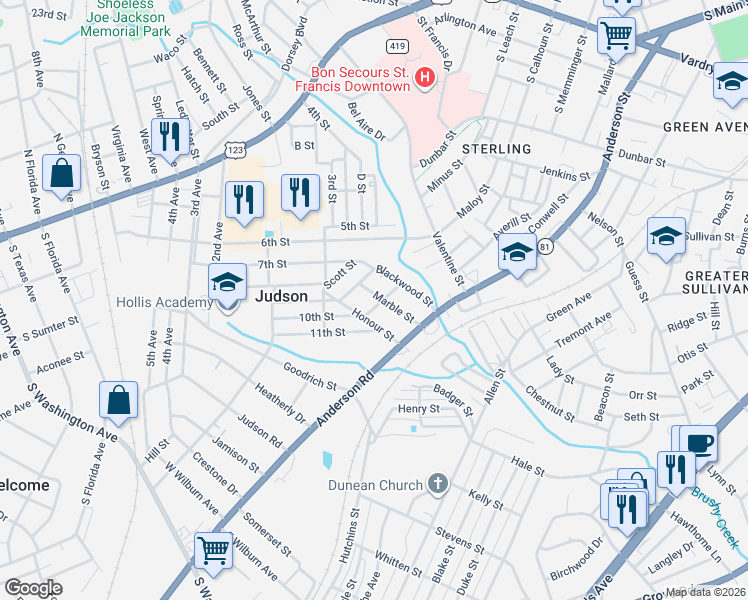map of restaurants, bars, coffee shops, grocery stores, and more near 12 Marble Street in Greenville