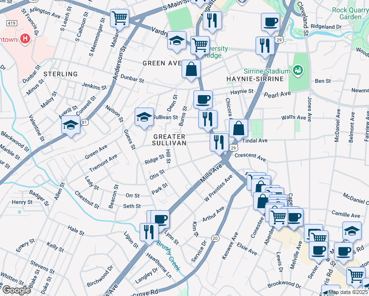map of restaurants, bars, coffee shops, grocery stores, and more near 9 Elm Street in Greenville