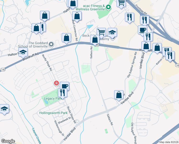 map of restaurants, bars, coffee shops, grocery stores, and more near 82 Salters Road in Greenville