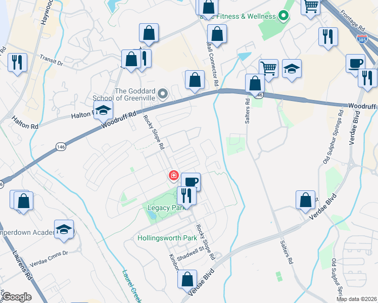 map of restaurants, bars, coffee shops, grocery stores, and more near 132 Danvers Road in Greenville